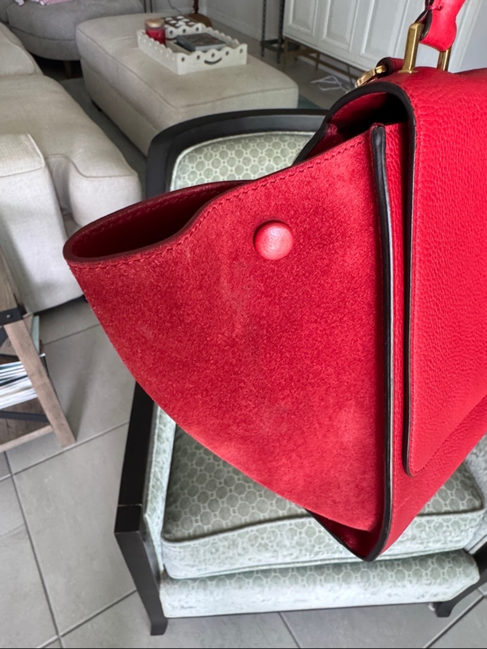Celine Trapeze Red l Leather and Suede Shoulder Bag with Top Handle EUC - Picture 9 of 16